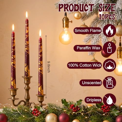 Conelist 10 Pcs Burgundy and Gold Taper Candles Candlesticks 9.8" - Image 2