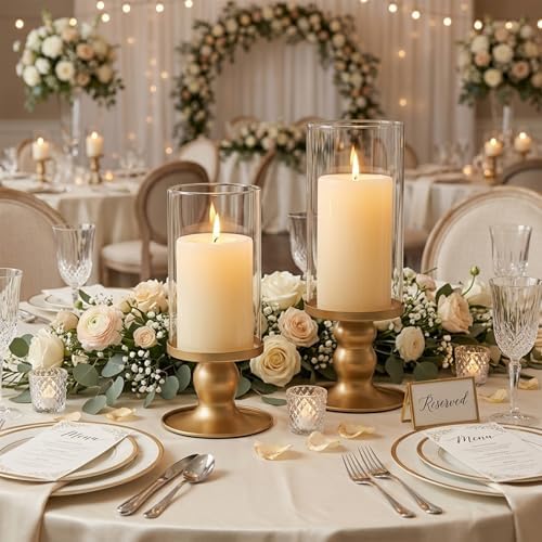 NITIME 2Pcs Hurricane Candle Holder for Pillar Candles, Gold Candle Holders with Clear Glass Sleeve for Table Centerpieces,Pillar Candle Holders for Home Decor, Wedding, Holiday and Party Decor - Image 4