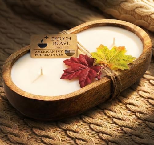 Dough Bowl Candle Co. Apple Maple Bourbon Soy Candle - 3 Wick Rustic Farmhouse Decor Odor Eliminator in Wooden Bowls, 20 Ounce Wooden Dough Bowl, All-Natural Gifts for Women and Men by Dough+Bowl+Candle+Company
