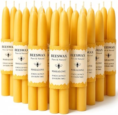 30 Pack Beeswax Taper Candles Bulk,100% Natural & Non-Toxic,8 Inch for Home by MAKALONE