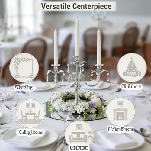Metal 3 Arm Candelabra with Crystal Pendants - 11.8 Inch Tall Candle Holders, Set of 2 - Elegant Taper Candlestick Stand for Wedding, Dining Table, Christmas Party Home Decoration (2, Silver) - Image 4
