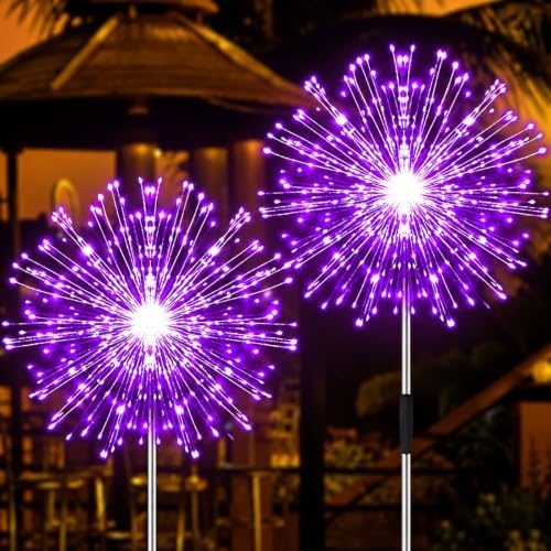 Solar Firework Lights, 2 Pack 120 LEDs 2 Lighting Modes Solar Garden Lights Outdoor Waterproof for Yard Patio Walkway Pathway Party Wedding Christmas Decorative - Purple by JJGoo