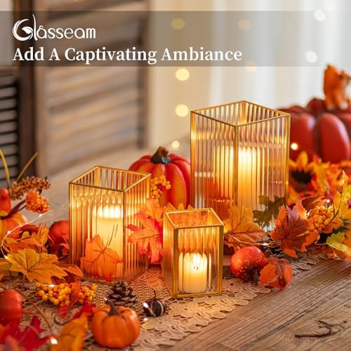Glasseam Gold Hurricane Glass Candle Holders, Square Ribbed Pillar Set of 3 - Image 3