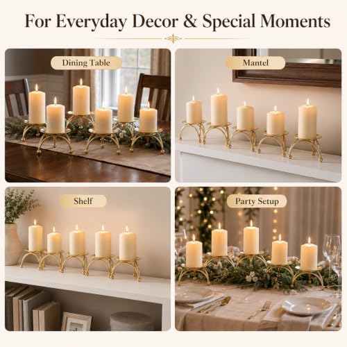 Cabilock 5Pcs Gold Candle Holders, 3In Metal Retro Candlestick Holders Set, Nordic Geometric Taper Pillar Candle Stand for Tabletop Centerpiece Decor, Wedding, Party, Mantle & Holiday Events - Image 4