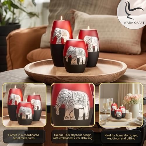 IYARA CRAFT 3 Wooden Candle Holders– Decorative Candle Holders with Inlaid Aluminium Antique Elephant – Intricate Details – Matte Wood Finish – Ideal for Modern & Rustic Settings (Rugby Shape) - Image 2