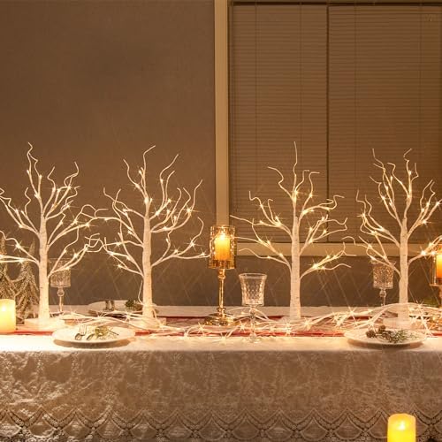 Christmas Tree Decorations, White Birch Tree with LED Lights- Set of 4, Warm White Small Tree Lights Battery Powered/USB, Timer Lighted Tree for Home Wedding Indoor Outdoor Decor (2 FT) by Vanthylit