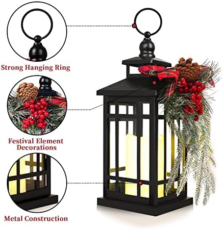 Metal Christmas Vintage Candle Lanterns with Led Light,Red Ribbon Decorative Hanging Lantern for Indoor Outdoor Decorations Party Gift, Christmas Porch Decor, WOKEISE - Image 4