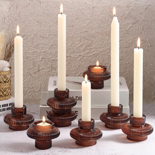 Taper Glass Candlestick Holders Tealight Candle Holders for Table Centerpieces, Fall Wedding Decor and Dinner Party Thanksgiving Christmas Decor (8 Pcs, Brown) by TripodBird