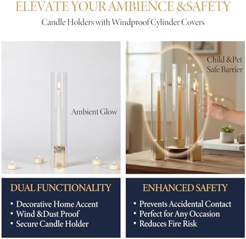 LETINE 14" Tall Hurricane Candle Holders with Gold Ribbed Taper Candle Holders Set of 9– Bulk Windproof Taper Candle Hurricane Glass for Outdoor&Indoors Wedding Centerpiece, Event & Home Decor - Image 4