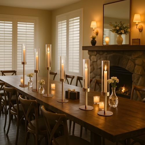 6Pcs Hurricane Glass Candle Holders Gold Candlestick Holders Taper Candle Holder with 9.8" Windproof Clear Cylinder Covers for Outdoor Indoor Tall Candle Stick Holder Decor for Wedding Party Fireplace - Image 6