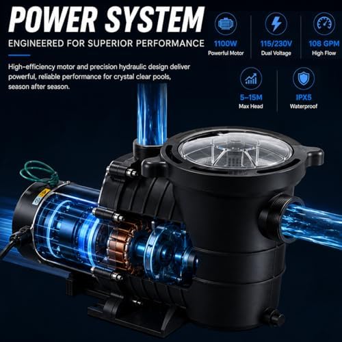 SmarketBuy 1.5HP Swimming Pool Pump, Dual Voltage 115/230V High Flow Pool Pump, 108 GPM In/Above Ground Pool Pumps with Large Strainer Basket, 7 Pcs Connectors