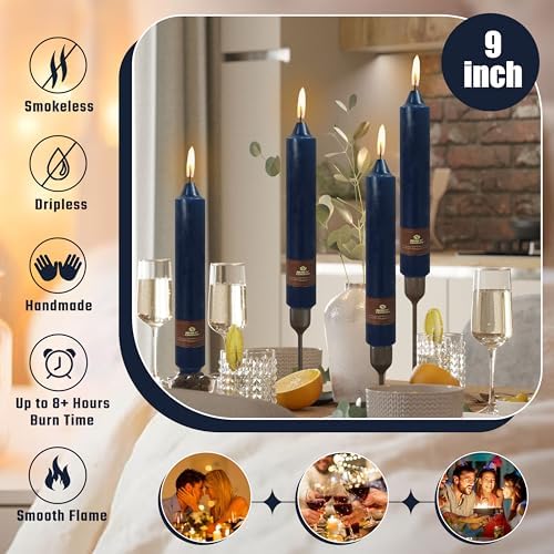 Navy Taper Candle 9 Inch Long Candlesticks Unscented Dripless Tapered Candle Set for Home Decor Wedding Party Dinner Candles, 4 Pack - Image 4