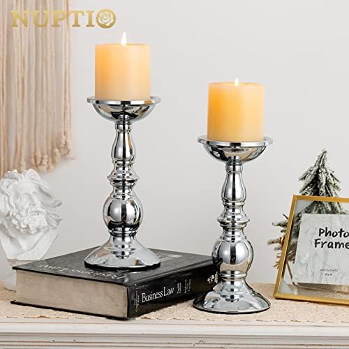 Nuptio Silver Pillar Candle Holders, Wedding Centerpieces Metal Candle Holder for 3 inches Candles Stand Decoration Ideal for Weddings Special Events Parties Living Room, 2 Pcs - Image 5