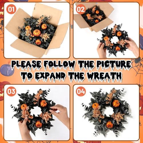 4 PCS Halloween Candle Rings Wreaths Artificial 3.5 Inch Black Maple Leaves Glitter Orange Pumpkin Candle Rings Mini Wreath for Pillar Candle Halloween Party Home Table Indoor Outdoor Decorations - Image 5