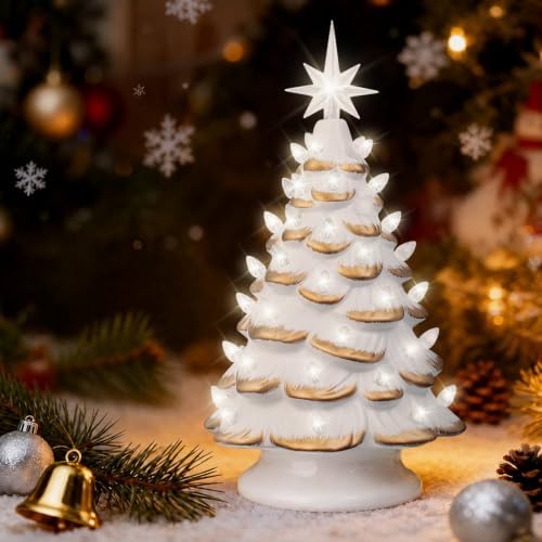 Sunlit 13'' Cordless Lighted Ceramic Christmas Tree Vintage Tabletop Christmas Decoration Pre-Lit Colorful Mini Light Bulbs Traditional AA Battery Operated LED - White and Gold - Image 6