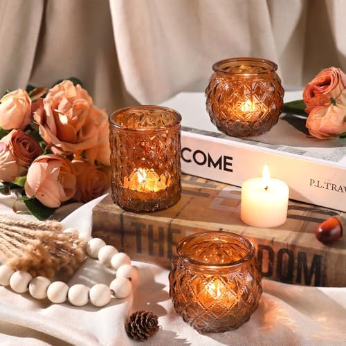 DARJEN Amber Votive Candle Holders Set of 24- Round Candle Holders Bulk, Glass Candle Holder for Vintage Decoration, Tea Lights Candle Holders for Wedding Home Party & Gift - Image 2