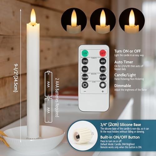 Flameless Taper Candles with Remote, Real Wax Battery Operated LED Candles Set with 3D Flickering Flame, 9.6" Realistic Dripless Candlesticks for Wedding Home Decor, 3 Pack White - Image 2
