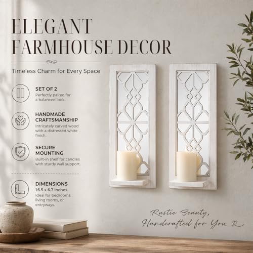 ZEXUIRU 2 Set Rustic Candle Sconces Living Room Bedroom Entryway Wood Mirrored, Farmhouse, Carved Frame Wall-Mount Wooden Candle Holders Wall Decor Hanging Handmade Holder - Distressed White - Image 5