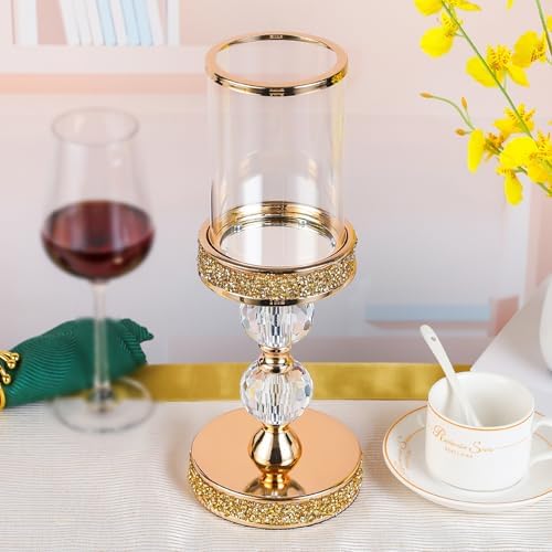 Pillar Candle Holder, 13 Inch Crystal Candlesticks for 3''X5'' Candles, Dining Coffee Table Decor, Wedding, Events, Parties - Glass and Gold Finish - Image 2