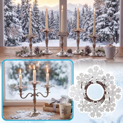 Daifunli 2 Pcs Winter White Snowflake Candle Rings Snowflake Wreath Glitter Vintage Wood Wreaths for Taper 1.25 Inch Candles Holder for Winter Christmas Rustic Table Centerpiece Decor - Image 6