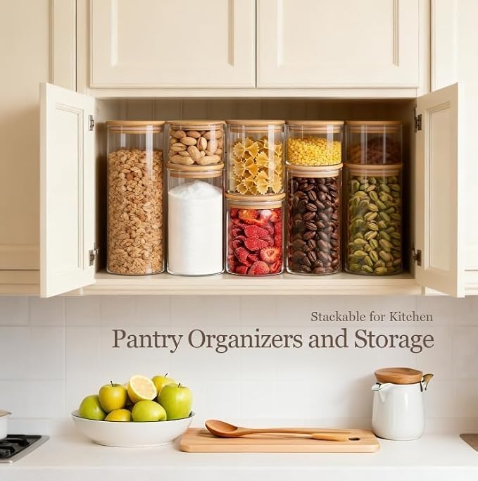 ComSaf Glass Storage Containers with Lids, Set of 6 Jars (0.6Qt/1Qt/1.5Qt) | Glass Pantry Storage Containers , Pantry Organization, BPA Free, Dry Food Storage Jar, Flour Cereal Sugar Tea Coffee Beans