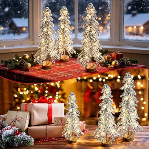 3 Pcs Mini Christmas Tree with Lights, Artificial Bottle Brush Trees with Wooden Bases Christmas Table Decor Small Trees with LED Light String for Decorations，Silver - Image 5