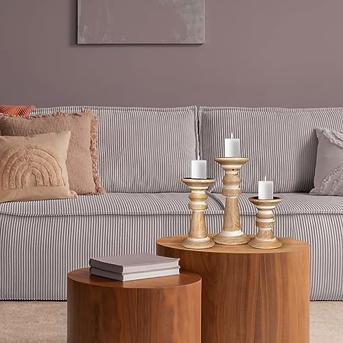 Lightnpro Wooden Pillar Candle Holders Set of 3 - Decorative Vintage Rustic Farmhouse Style Wooden Candle Stands for Home Décor, Gift, Wedding & Everyday Use - White Wash - 10", 8", 6" - Image 5