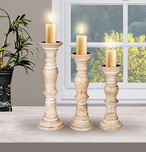 Rustic Candle Holder Set of 3 – 10", 8", 6" – Burnt Finish Wooden Pillar Stands for Wedding, Party, Home Décor, Spa – Country Style Gift for Table Centerpiece - Image 5