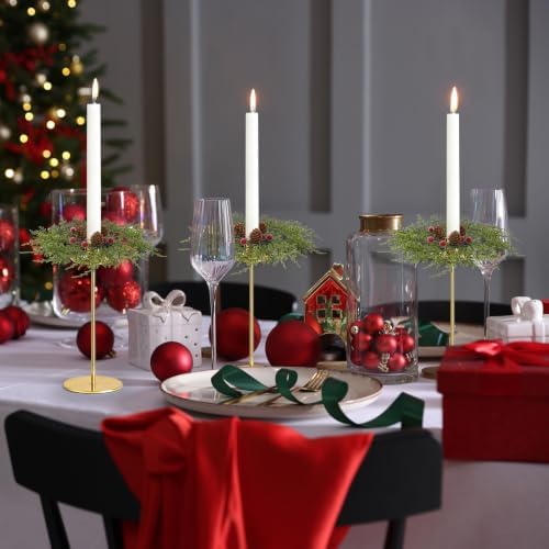 4 PCS Christmas Pine Taper Candle Rings Wreaths 1.38" Mini Norfolk Pine Taper Candle Holder Wreaths Candle Rings with Berry Pinecones for Xmas Holiday Church Home Table Centerpiece Candlesticks Decor - Image 2