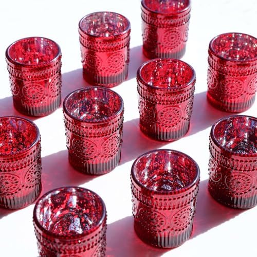 VOHO Red Mercury Glass Candle Holder Set of 12, Boho Sunflower Red Votives - Image 4