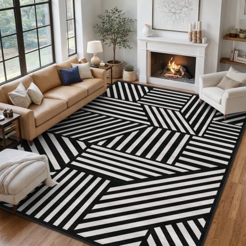 5x7 Black and White Geometric Stripe Area Rug for Living Room Bedroom Abstract Modern Large Rug Machine Washable Non-Slip Carpet for Dining Room Office
