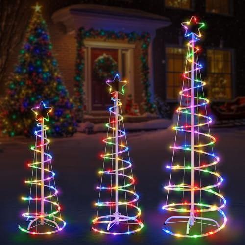 3 Packs Christmas Spiral Tree with Lights, 3/4/5 FT Lighted Xmas Collapsible Tree with Metal Stakes for Indoor & Outdoor, Yard, Porch, Garden Holiday Decor (Multi Color, 3-4-5 FT) by FLAGLY