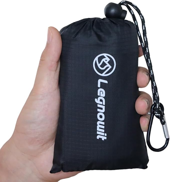 Outdoor Pocket Blanket, 55"x39" Waterproof Foldable Compact Small Picnic Blanket, Ultralight Tarp for Camping, Festival, Beach, Hiking, Backpacking, Travel, Stakes Included (Black)