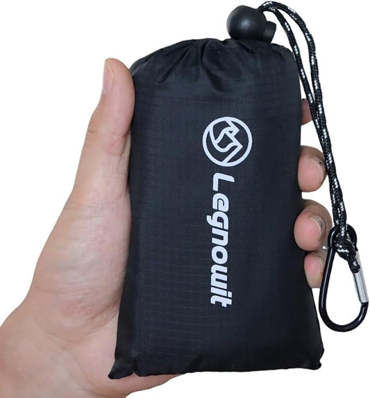 Outdoor Pocket Blanket, 55"x39" Waterproof Foldable Compact Small Picnic Blanket, Ultralight Tarp for Camping, Festival, Beach, Hiking, Backpacking, Travel, Stakes Included (Black)