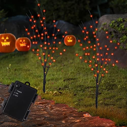 Lighted Halloween Tree Branches, 30IN 100LED Artificial Black Twig Branch with Orange Fairy Lights, Built-in Timer & Battery Operated, Waterproof for Indoor Outdoor Office Bedroom Party Decorations by LJLNION
