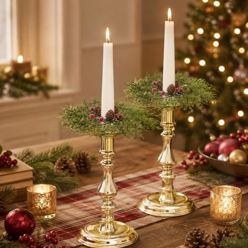 2 PCS Christmas Pine Taper Candle Rings Wreaths 1.38" Mini Norfolk Pine Taper Candle Holder Wreaths Candle Rings with Berry Pinecones for Xmas Holiday Church Home Table Centerpiece Candlesticks Decor - Image 2