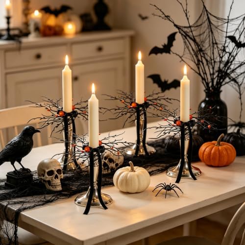 Halloween Candle Rings, Set of 6 Artificial Black Twig Wreath Candle Holder Rings with Orange Black Berries, Mini Twig Candle Rings for Taper Candles, Halloween Table Centerpiece Decor - Image 2