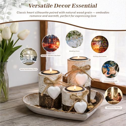 Wooden Tealight Candle Holders with Heart Tray, Rustic Farmhouse Candle Holders for Table Centerpiece Classic and Elegant Tea Light Holder Set for Valentines Day Wedding Anniversary Holiday Home Decor - Image 5