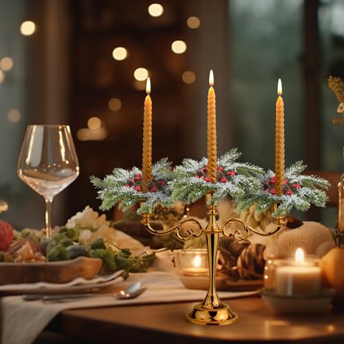 6 PCS Christmas Pine Taper Candle Rings Wreaths 1.38" Mini Snowy Pine Taper Candle Holder Wreaths Candle Rings with Berry Pinecones for Xmas Winter Church Home Table Centerpiece Candlesticks Decor - Image 5