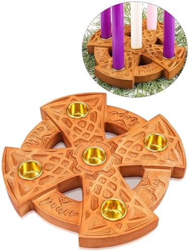 Nitial Christmas Advent 5 Candles Holder Wood Ring Shaped with Celtic Knot Nativity Candleholder for Xmas Home Church Prayer Party Table Centerpiece Decor Elegant Christian Religious Gifts by Nitial