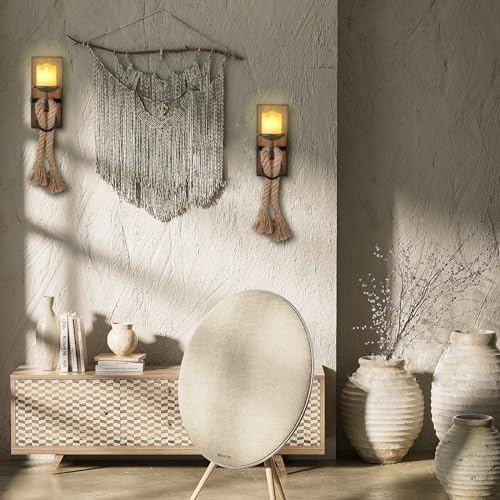 Wall Sconce Candle Holder Black Wall-Mount Metal and Wooden Candle Holders Hanging Iron Wall Candle Sconce Holder with Hemp Rope Decoration, for Home, Living Room, Bathroom, Dining Room, Set of 2 - Image 4