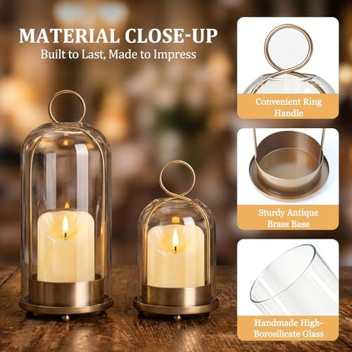Brass Hurricane Handmade Sturdy Glass Dome Candle Holders with Glass Cover, Set of 2 Flameless Battery Operated LED Pillar Candles and Remote, Elegant Cloche Lantern for Modern Table Centerpiece - Image 3