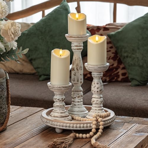 Homemory 3 Pack Wood Candle Holders, Farmhouse Rustic Pillar Candle Decor - Image 3