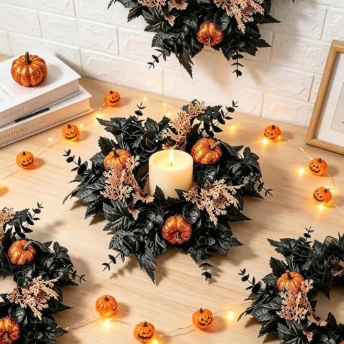 Halloween Fall Candle Ring Set, Artificial Pumpkin Wreath for Pillar - Image 4