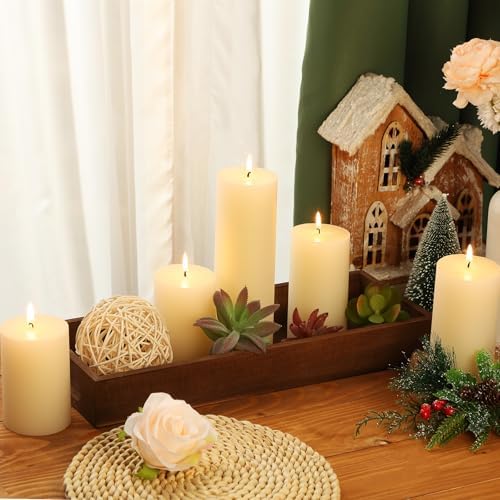 Shihanee Ivory White Pillar Candles and Long Narrow Wooden Candle Tray Set 5 Pcs Dripless Unscented Candles 1 Pcs Rustic Rectangular Centerpiece Candle Holder with Handle for Home Table Dining Kitchen - Image 6