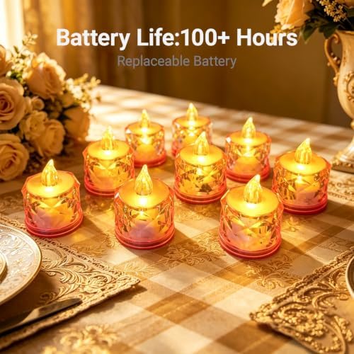 Flameless Candles, Pink, Battery Operated, 24 Count, LED Crystal Tealight Candles for Wedding, Christmas, and Table Decorations - Image 4