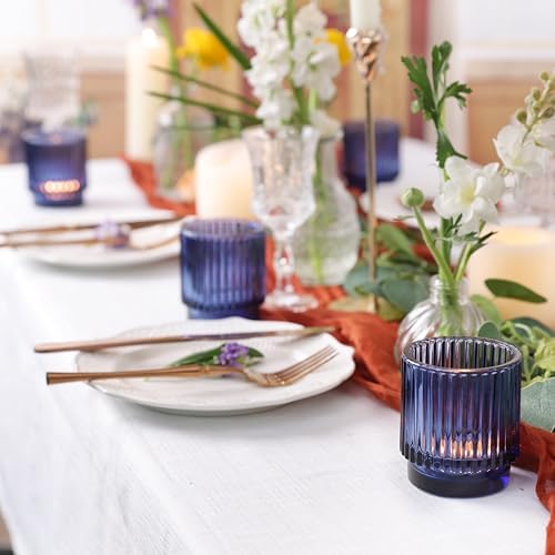 DEVI 8 Pcs Blue Votive Candle Holder for Wedding Centerpieces, Glass Ribbed Tea Light Holder for Wedding Table Decorations, Navy Blue Decor for Party Home Farmhouse Decorations - Image 6