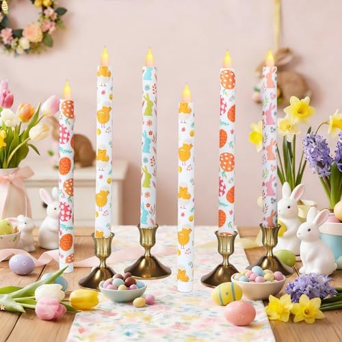 6Pcs Easter Taper Candles – 10.6" Battery Operated Flameless LED Candles with Bunny, Chick & Egg Patterns, Flickering Flame, Safe Spring Decor for Table Centerpiece, Party & Home Decor by Unknown