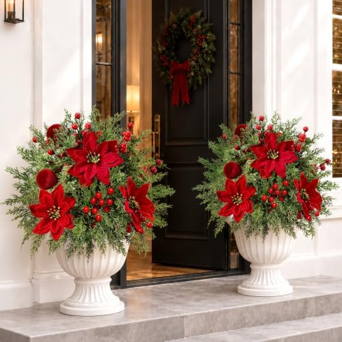 2 Pack Artificial Poinsettia Flowers with Velvet Balls for Christmas Decor by ComRola