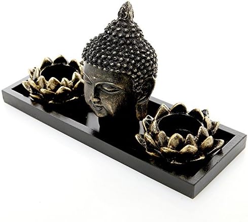 MyGift Resin Buddha Head Zen Garden Set with Lotus Tealight Holders & Tray - Image 2